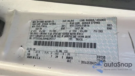 2004 Ford Econoline E350 Super Duty Van z USA, uszkodzony, nr VIN 1FTSS34L54HB39217